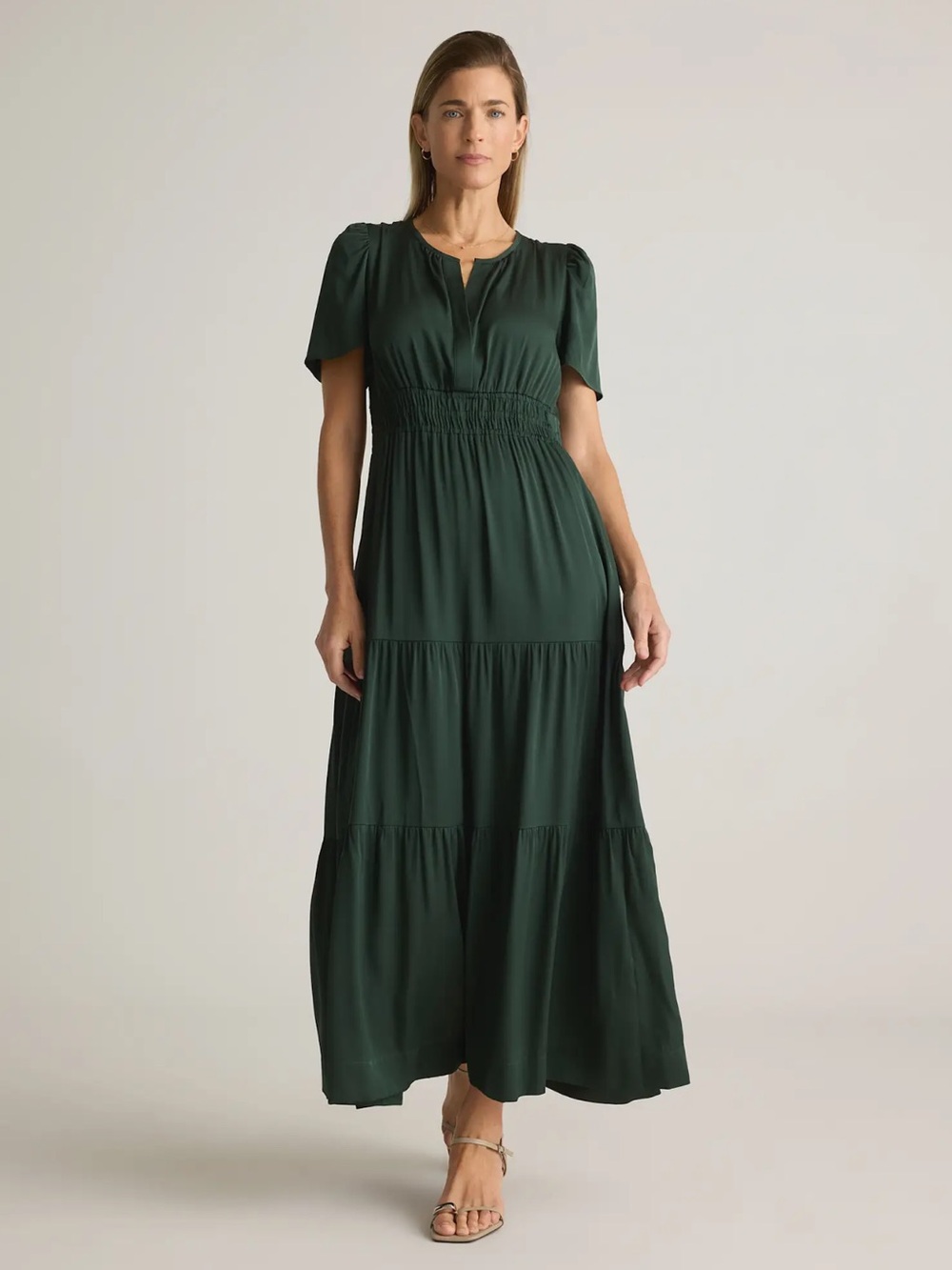 Quince Washable Silk Tiered Maxi Dress Dark Forest Green Size M V Neck Pockets - Picture 1 of 14